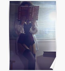 Sensual concept of sexy woman in corset and stockings reading French dictionary at night art photo print Poster