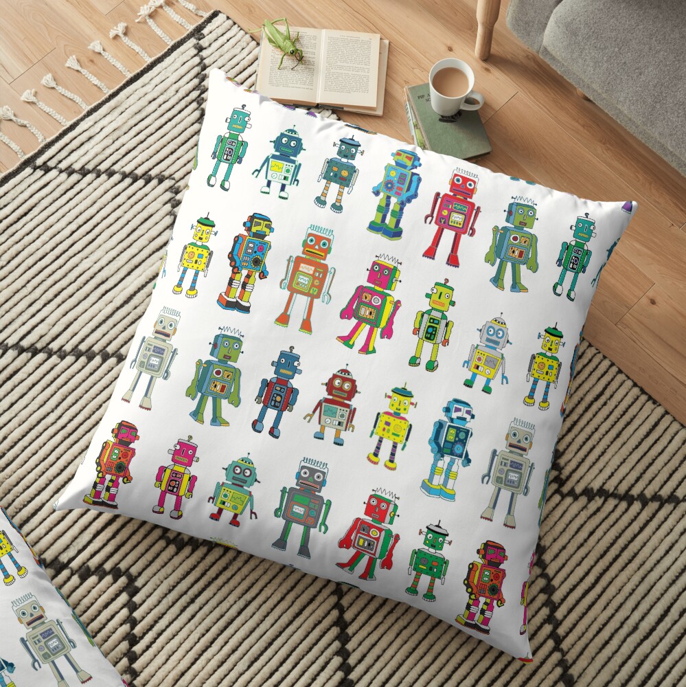 Robot Line-up on White - fun pattern by Cecca Designs Floor Pillow