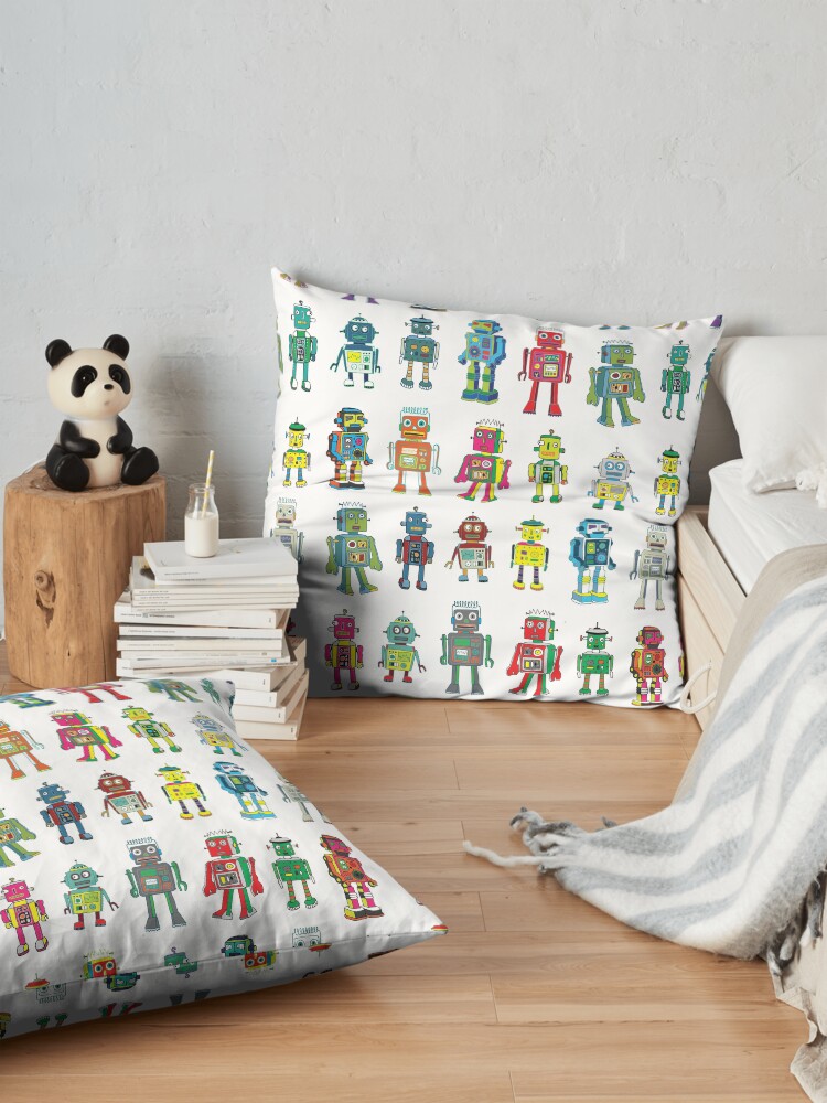 Alternate view of Robot Line-up on White - fun pattern by Cecca Designs Floor Pillow