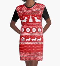 Dackel-Weihnachtsstrickjacke-Muster T-Shirt Kleid