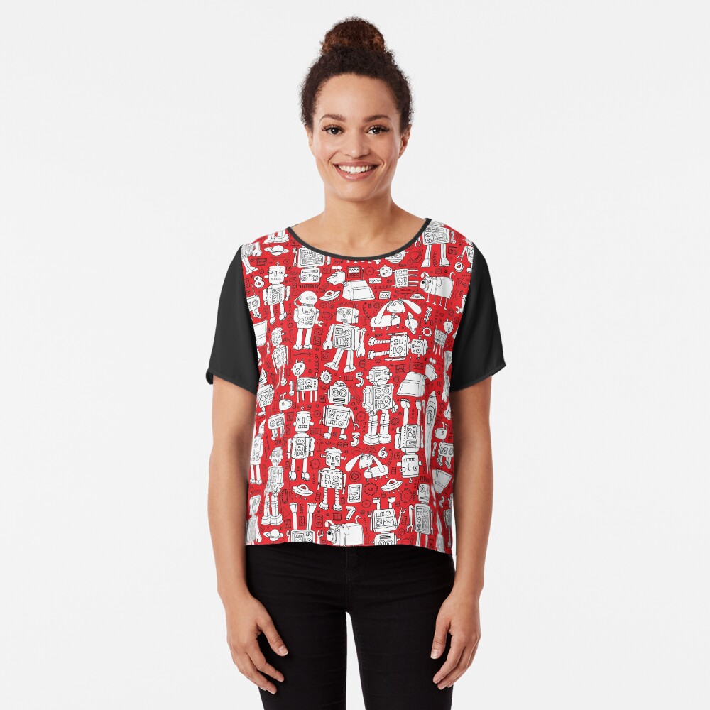 Robot Pattern - Red and White - fun pattern by Cecca Designs Chiffon Top