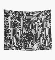 Modern Black and White Cybernetic Circuit Board Pattern Wall Tapestry