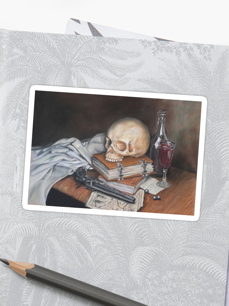 Dessin Au Pastel Crâne Et Livres Nature Morte Sticker