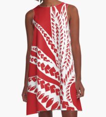 Red Polynesian Geometric Floral Chic Bird of Paradise Tribal Tattoo A-Line Dress