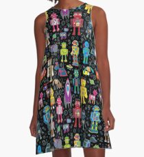 Robots in Space - black - fun pattern by Cecca Designs A-Line Dress