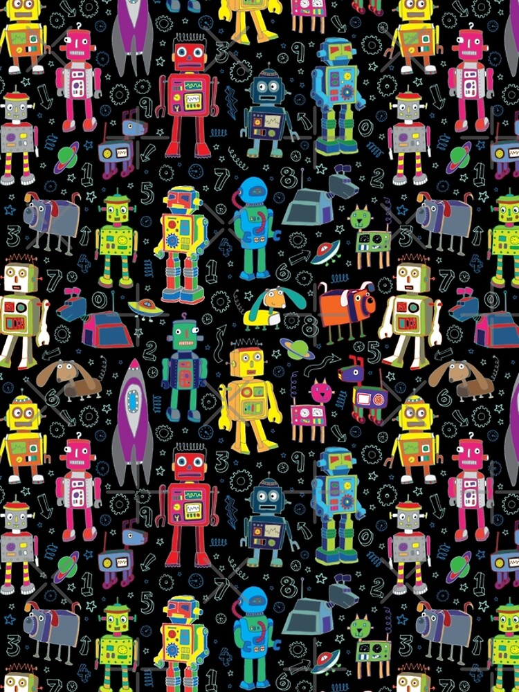 Robots in Space - black - fun pattern by Cecca Designs by Cecca-Designs