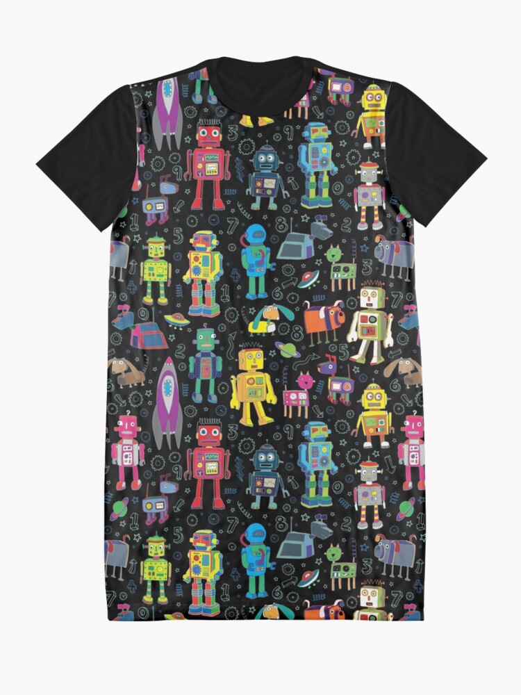 Alternate view of Robots in Space - black - fun pattern by Cecca Designs Graphic T-Shirt Dress
