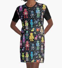 Vestido camiseta Robots en el espacio - negro - patrón divertido de Cecca Designs