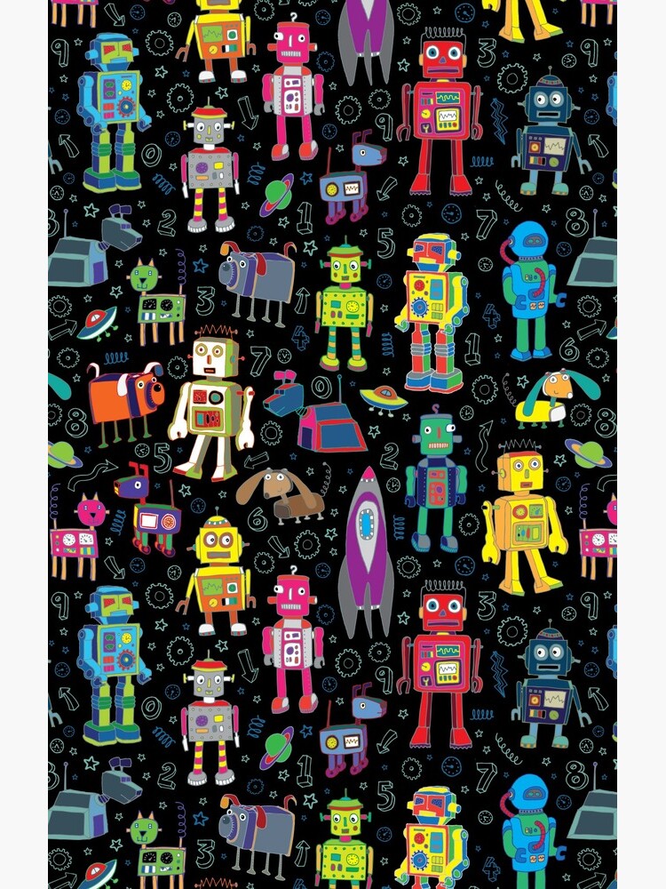 Robots in Space - black - fun pattern by Cecca Designs by Cecca-Designs