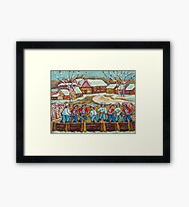 COUNTRY VILLAGE ICE RINK PAINTING HOCKEY GAME ART CANADIAN RURAL LANDSCAPE SCENES Framed Print
