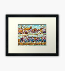 SNOW FALLING ON HOCKEY RINK PAINTING LAURENTIAN VILLAGE SCENE QUEBEC LANDSCAPE ART Framed Print