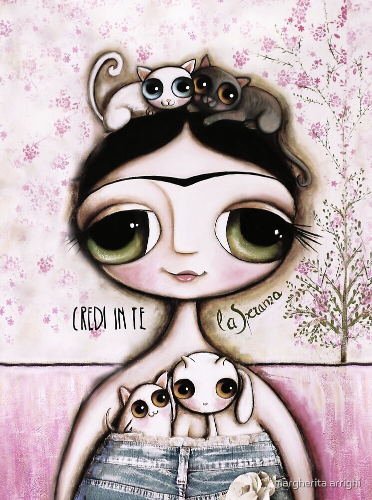 The doll black hair and green eyes with animals cat and Lamb by margherita arrighi