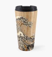The Great Hokusai Wave in Bamboo Inlay Style Travel Mug