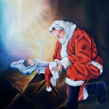 Santa kneeling at the manger oil painting