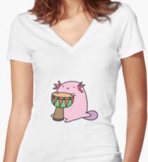 Axolotl Playing the Djembe Women's Fitted V-Neck T-Shirt