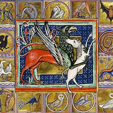 Artwork thumbnail, MEDIEVAL BESTIARY,RED GRYPHON AND WHITE HORSE, FANTASTIC ANIMALS IN GOLD BLUE COLORS by BulganLumini
