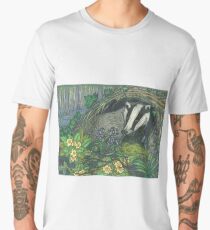 Badger in Spring, with Bluebells and Primroses Men's Premium T-Shirt