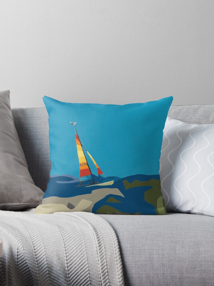 Sailboat With Multicolored Sail Beach Cottage Art Throw Pillow By