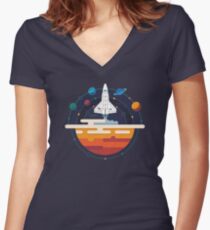 Space Shuttle and Planets Women's Fitted V-Neck T-Shirt