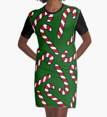 Candy Cane Pattern Dark Green Graphic T-Shirt Dress