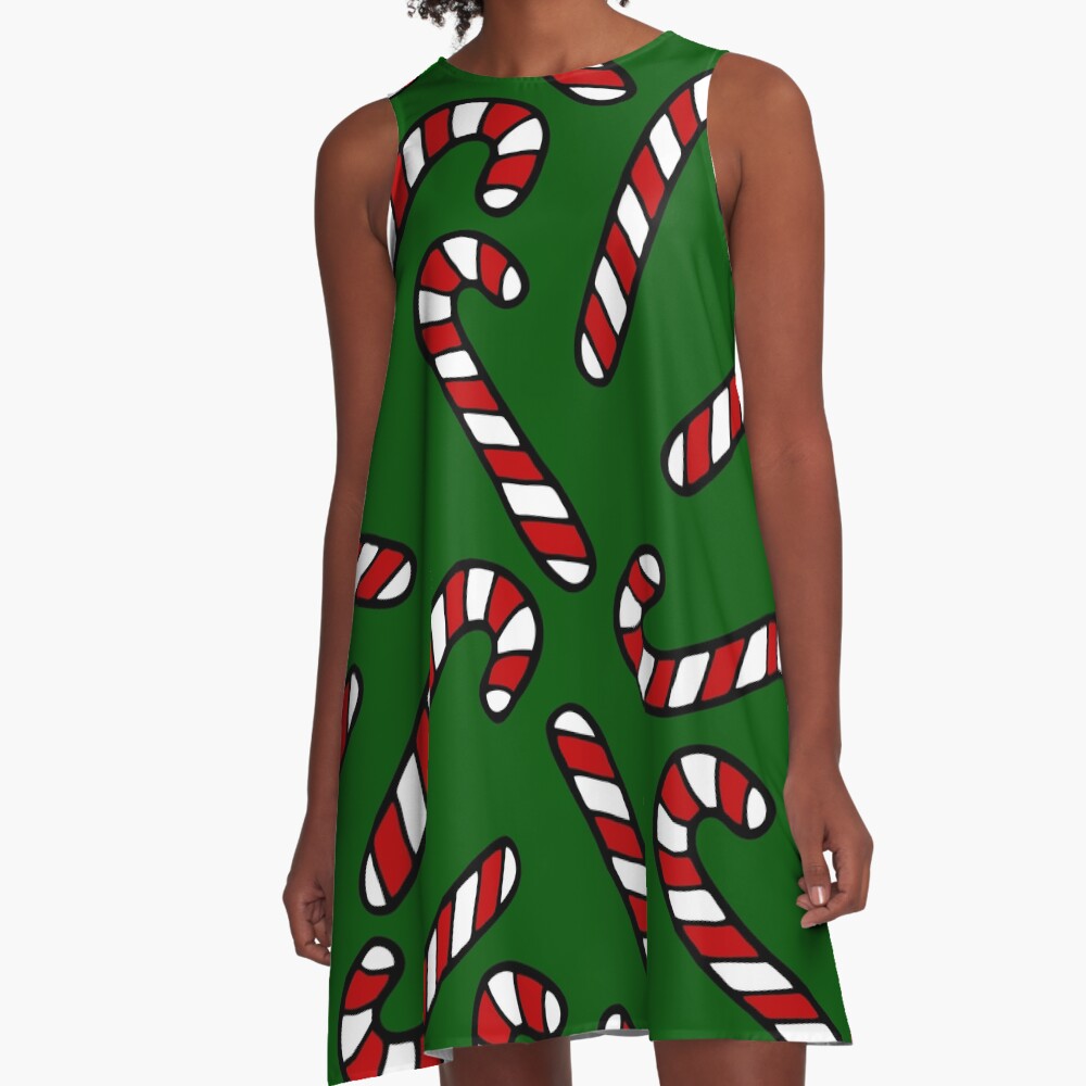 Candy Cane Pattern Dark Green A-Line Dress
