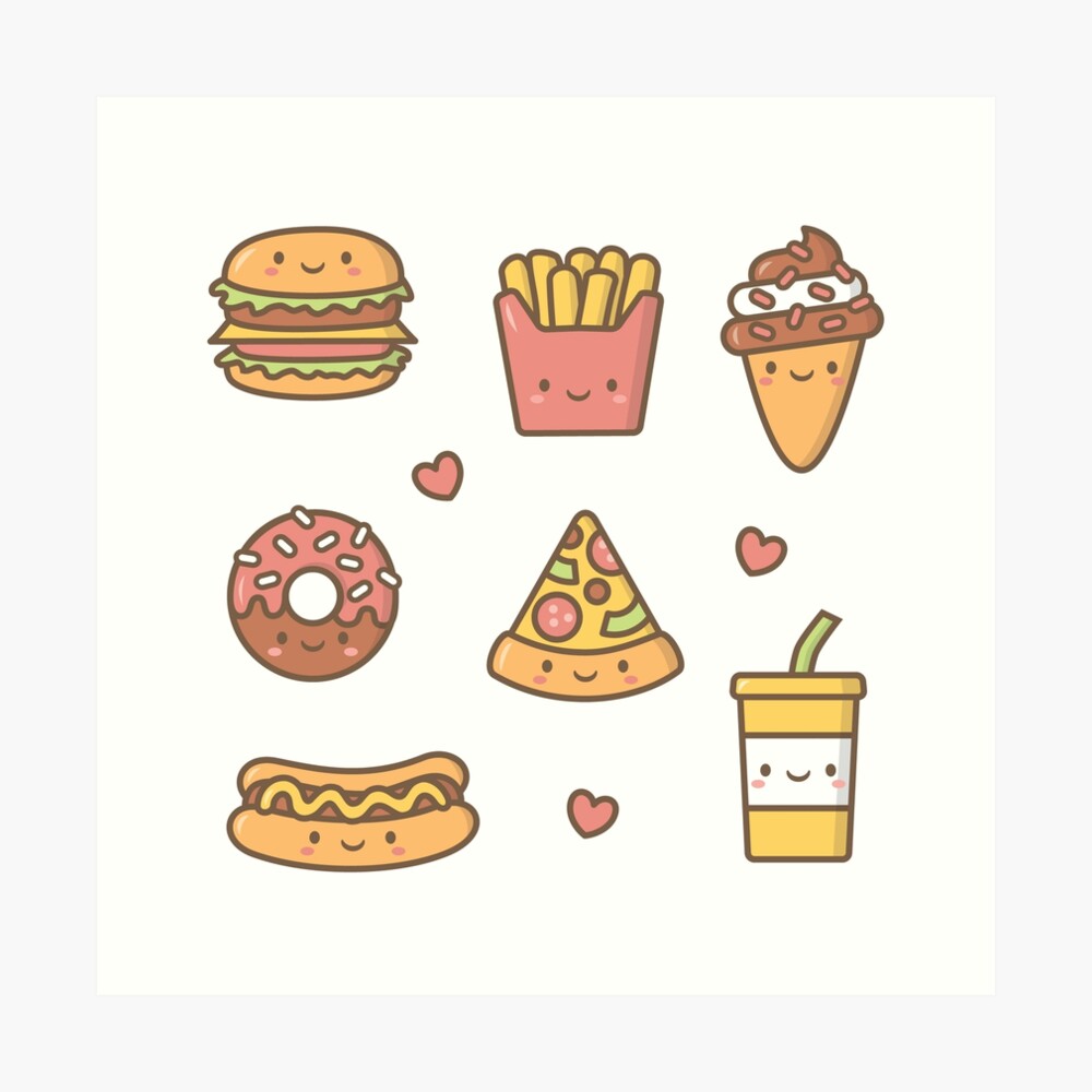 Lámina artística «Kawaii Love Comida chatarra Doodles» de rustydoodle