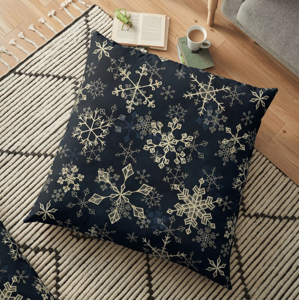 Snowflake Crystals in Gold Floor Pillow