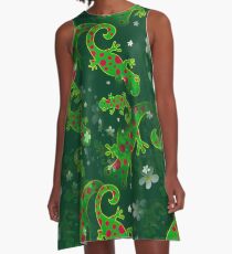 Vestido acampanado Diseño de fondo verde manchado Wild Lagarto