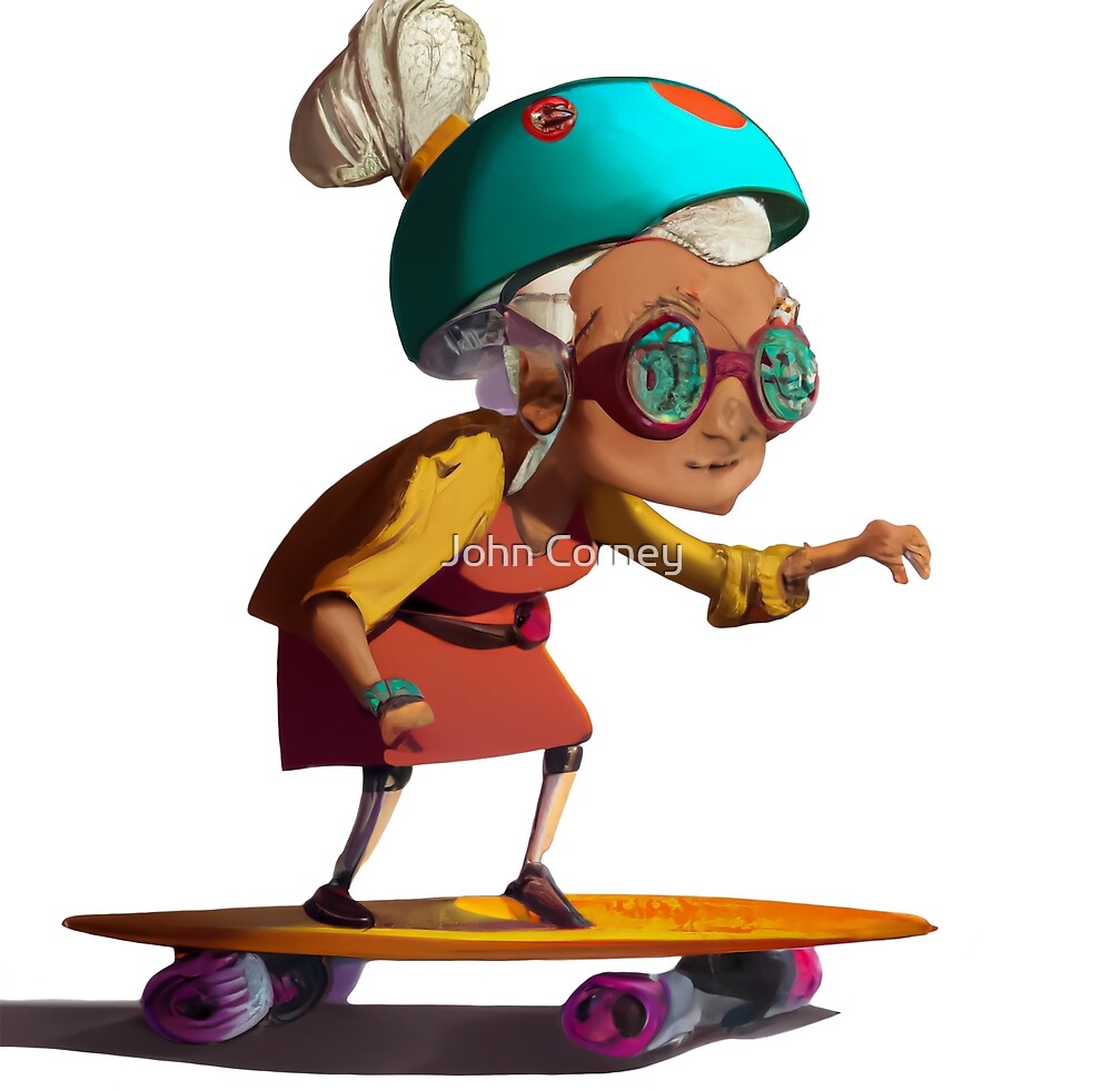 Little Old Lady Skateboarding by John Corney