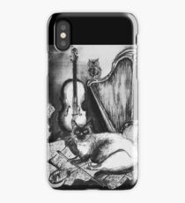 MUSICAL CAT AND OWL WITH MUSIC INSTRUMENTS Black and White iPhone Case