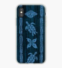 Samoan Tapa Faux Koa Wood Hawaiian Surfboard - Blue iPhone Case
