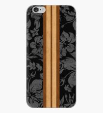 Sunset Beach Hawaiian Faux Koa Wood Surfboard - Black and Gray iPhone Case