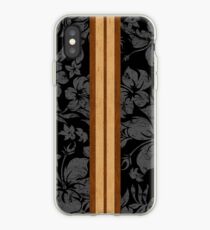Sunset Beach Hawaiian Faux Koa Wood Surfboard - Black and Gray iPhone Case