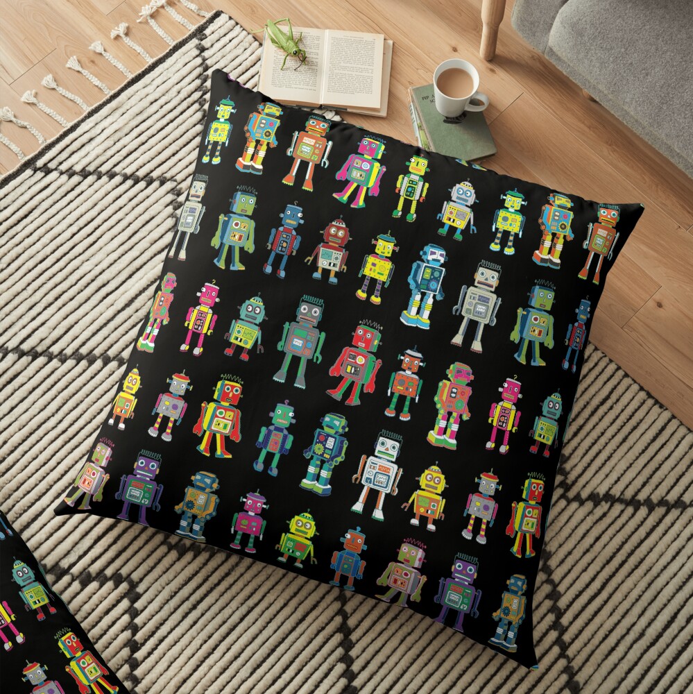 Robot Line-up on Black - fun pattern by Cecca Designs Floor Pillow