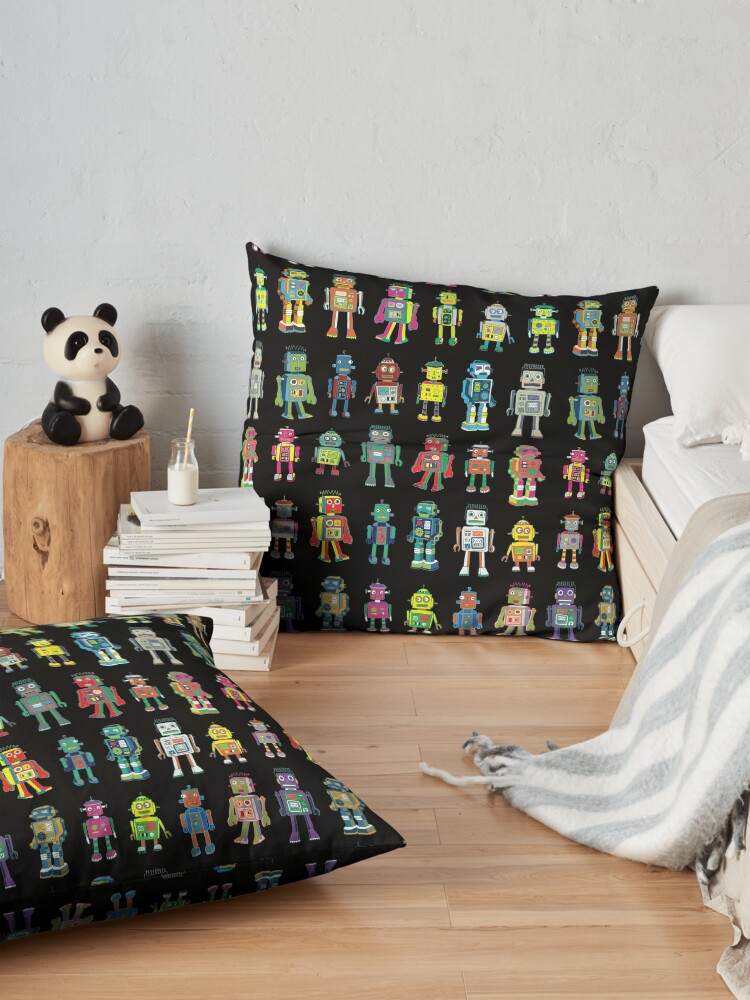 Alternate view of Robot Line-up on Black - fun pattern by Cecca Designs Floor Pillow