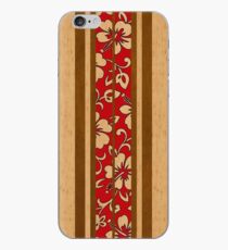 Pupukea Hawaiian Faux Koa Wood Surfboard with Red Hibiscus Pareau iPhone Case