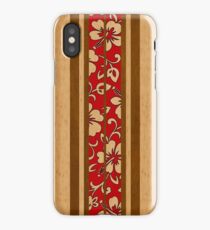 Pupukea Hawaiian Faux Koa Wood Surfboard with Red Hibiscus Pareau iPhone Case