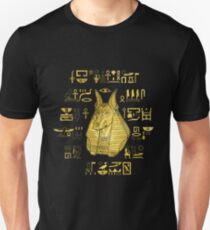 Golden Anubis with hieroglyphs on blue Unisex T-Shirt