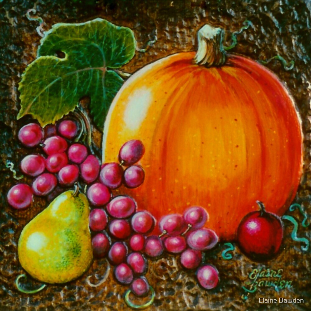 "Pumpkin Still life Wood Carving (Acrylics on wood)" by Elaine Bawden