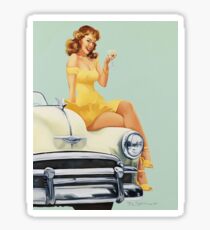 Pin up girl in yellow dress posing with glass of champagne, sitting on a classic car Sticker