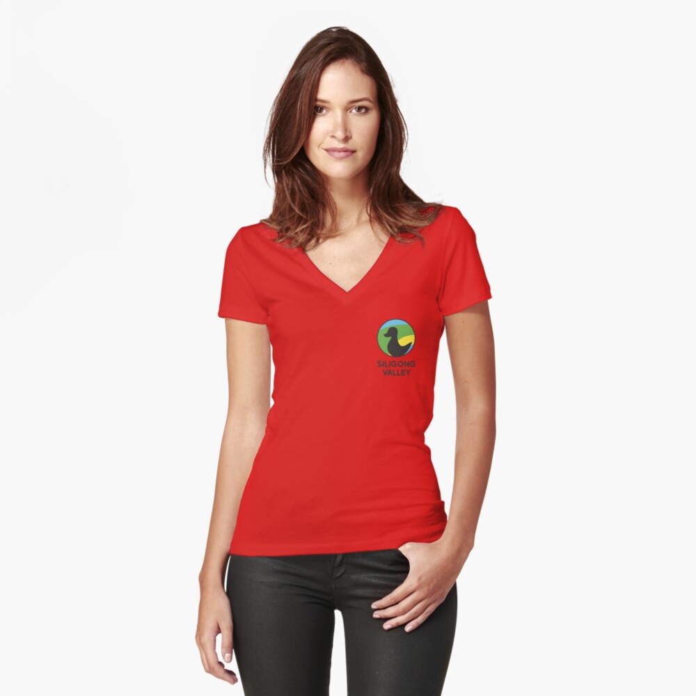 Siligong Valley logo w/text black Fitted V-Neck T-Shirt