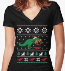 Dinosaur Ugly Christmas Sweater - Funny Christmas Gift Women's Fitted V-Neck T-Shirt