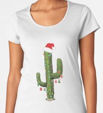 Cactus Christmas Tree Lights Wearing Santa Hat Women's Premium T-Shirt