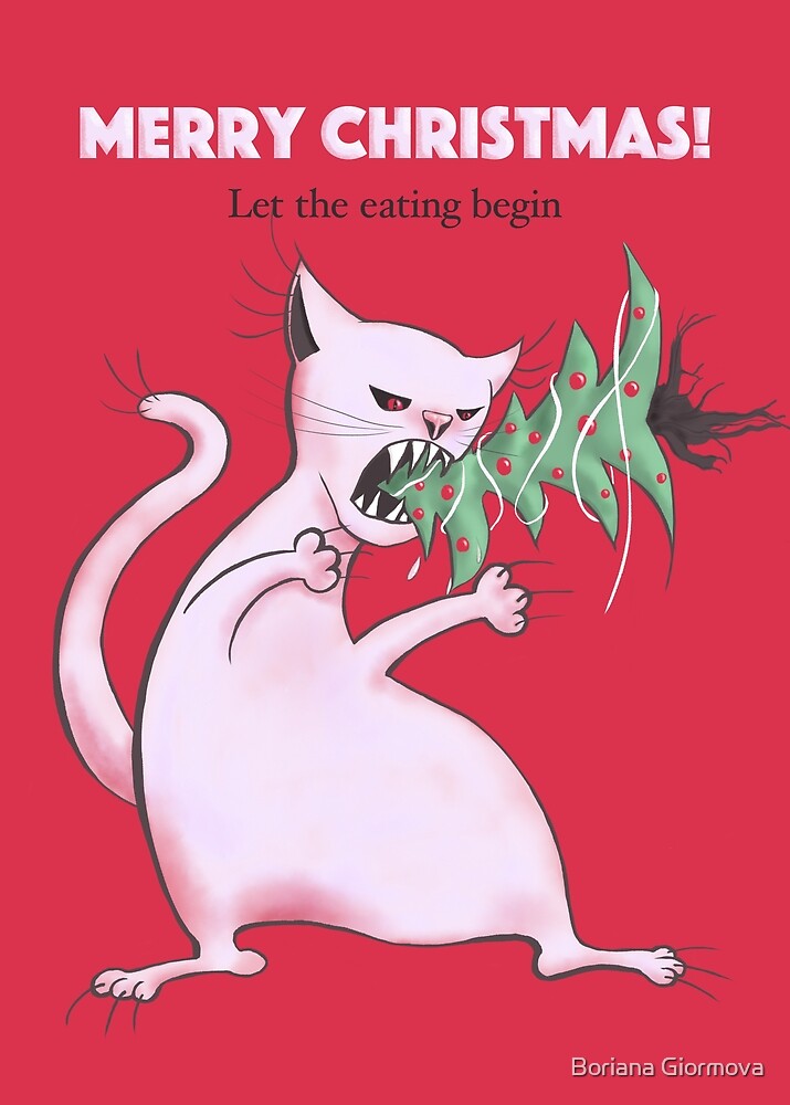 "White Fat Cat Eats Christmas Tree" by Boriana Giormova Redbubble