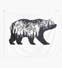 Wanderlust California Bear Silhouette with Mountains Landscape, Trees, Moon & Stars Wall Tapestry