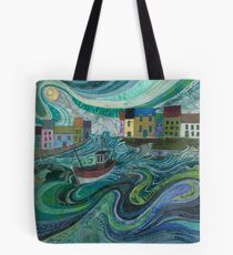 Tossed About - Fishing Boat and Waves Embroidery - Textile Art Tote Bag