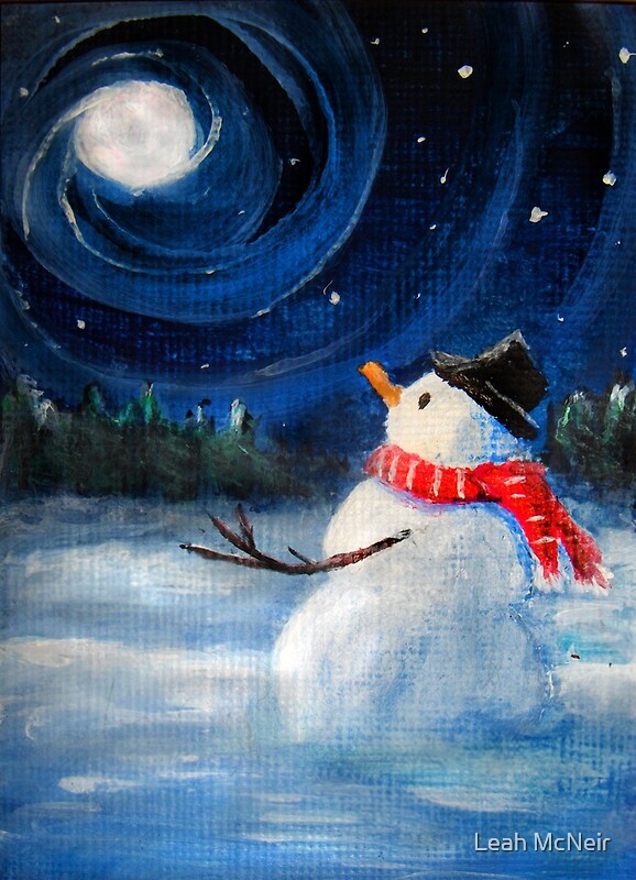 "Snowman Gazes at Night Sky & Moon Folk Painting Holiday Card, Cristmas Card, Greeting Card