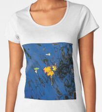Autumn maple leaf on the blue lake water, calm colorful postcard Women's Premium T-Shirt