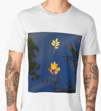 Autumn maple leaf on the blue lake water, calm colorful postcard Men's Premium T-Shirt