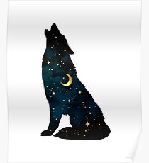 Wolf Silhouette mit Sternen und Mond Poster